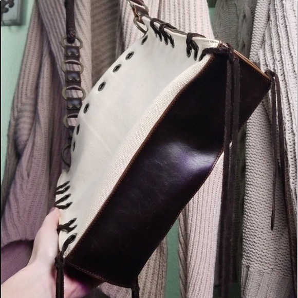 Unsure look for boho Leather canvas braided Crossbody Purse copper rings fringe - Picture 5 of 9